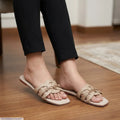 Women's Beige Rexine Cross Slides with Rhinestone Chain