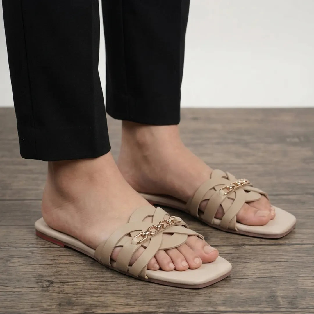 Women's Beige Rexine Cross Slides with Rhinestone Chain