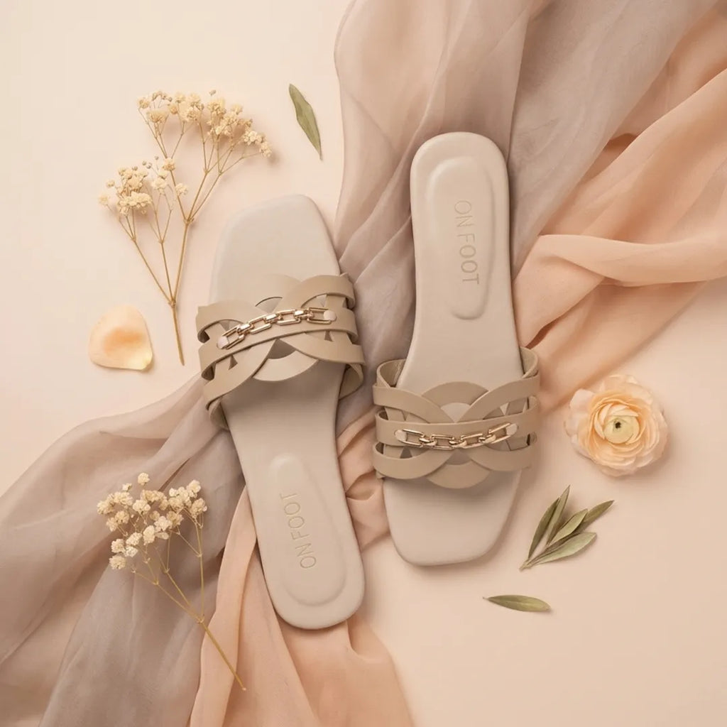 Women's Beige Rexine Cross Slides with Rhinestone Chain