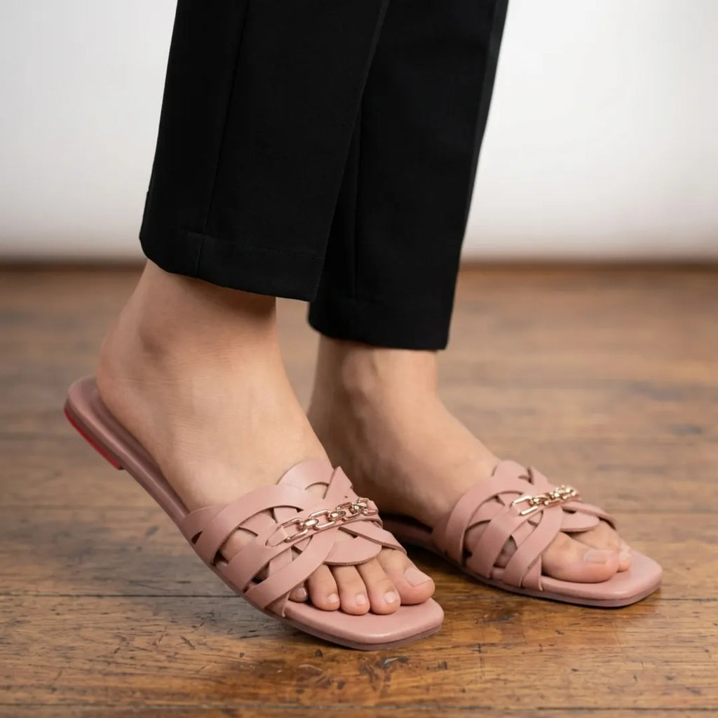 Pink Ruby Chain Cross Slides for Women