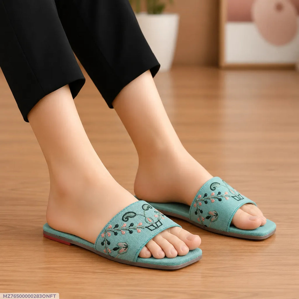 Women's Sea Green Threadwork Slides Size 36-41