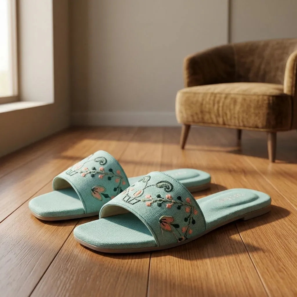 Women's Sea Green Threadwork Slides Size 36-41