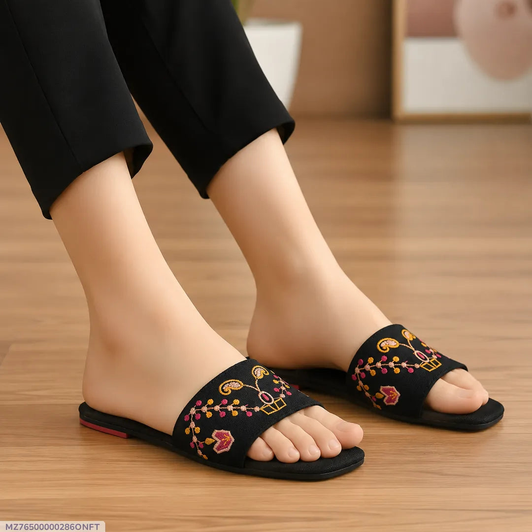 Women's Black Threadwork Slides Casual Formal Comfortable