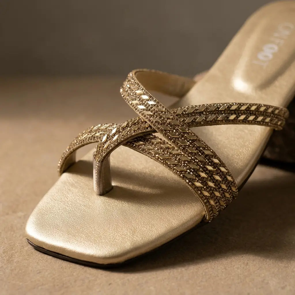 Crystal Cross Strap Flat Slides - 068 - Golden