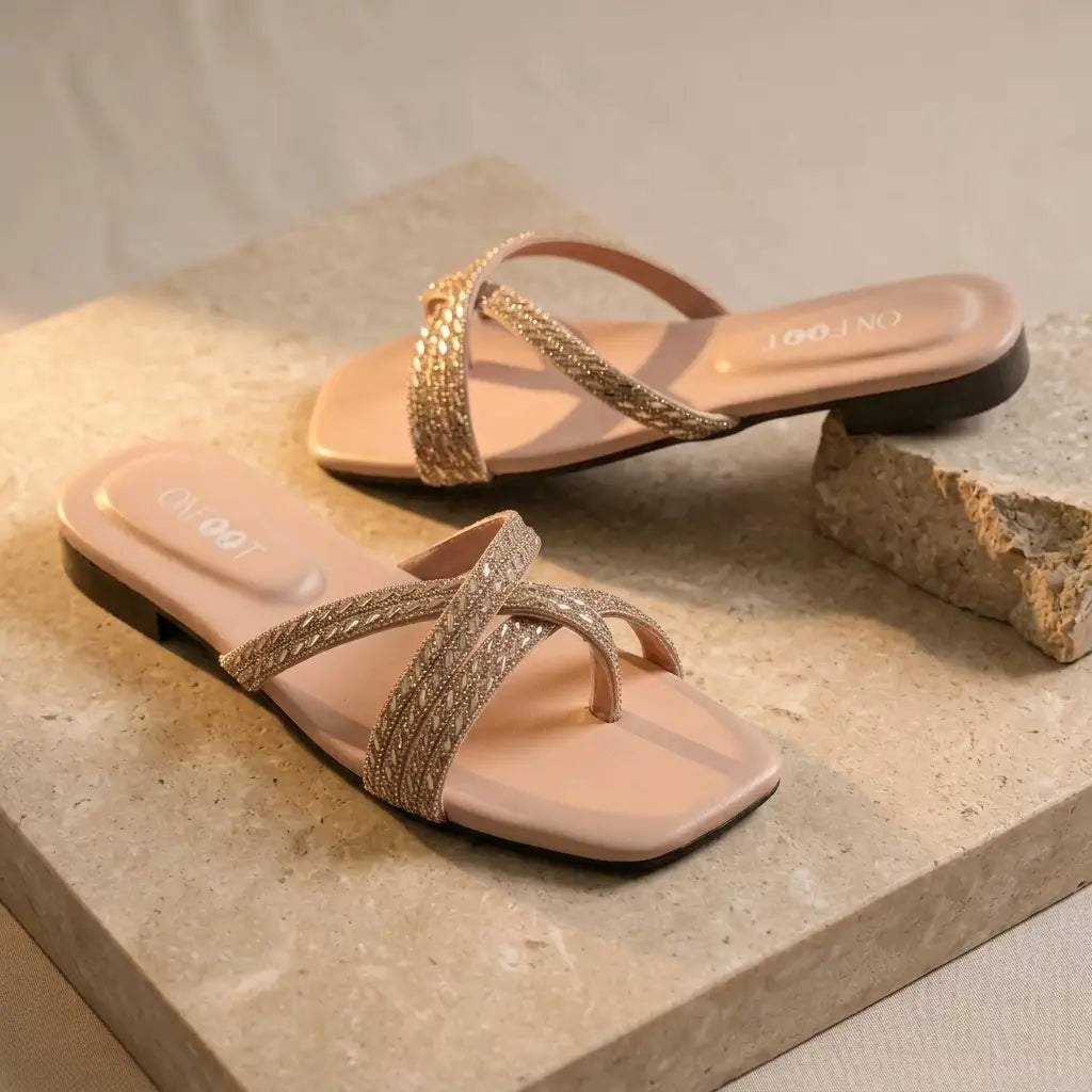 Crystal Cross Strap Flat Slides - 068 - Pink