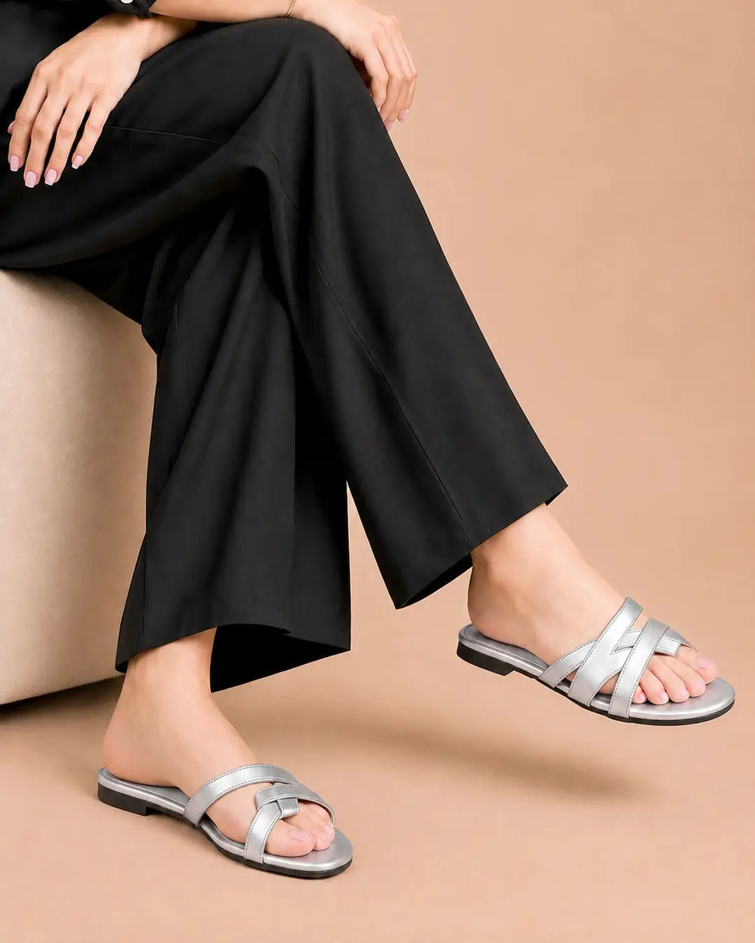 Metallic Cross Strap Slip-On Flat - 077 - Silver