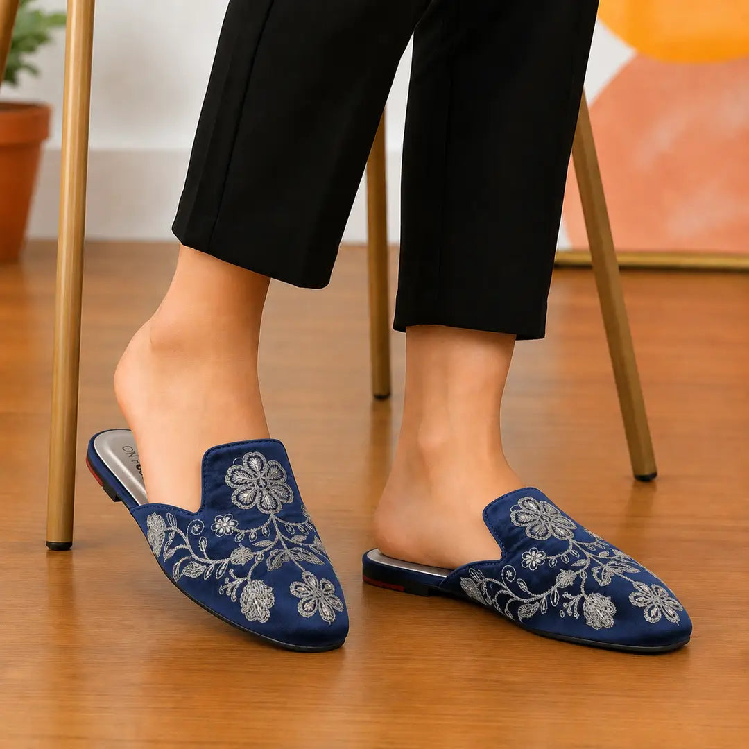 Elegant Floral Embroidered Backless Loafers - 071 - Blue