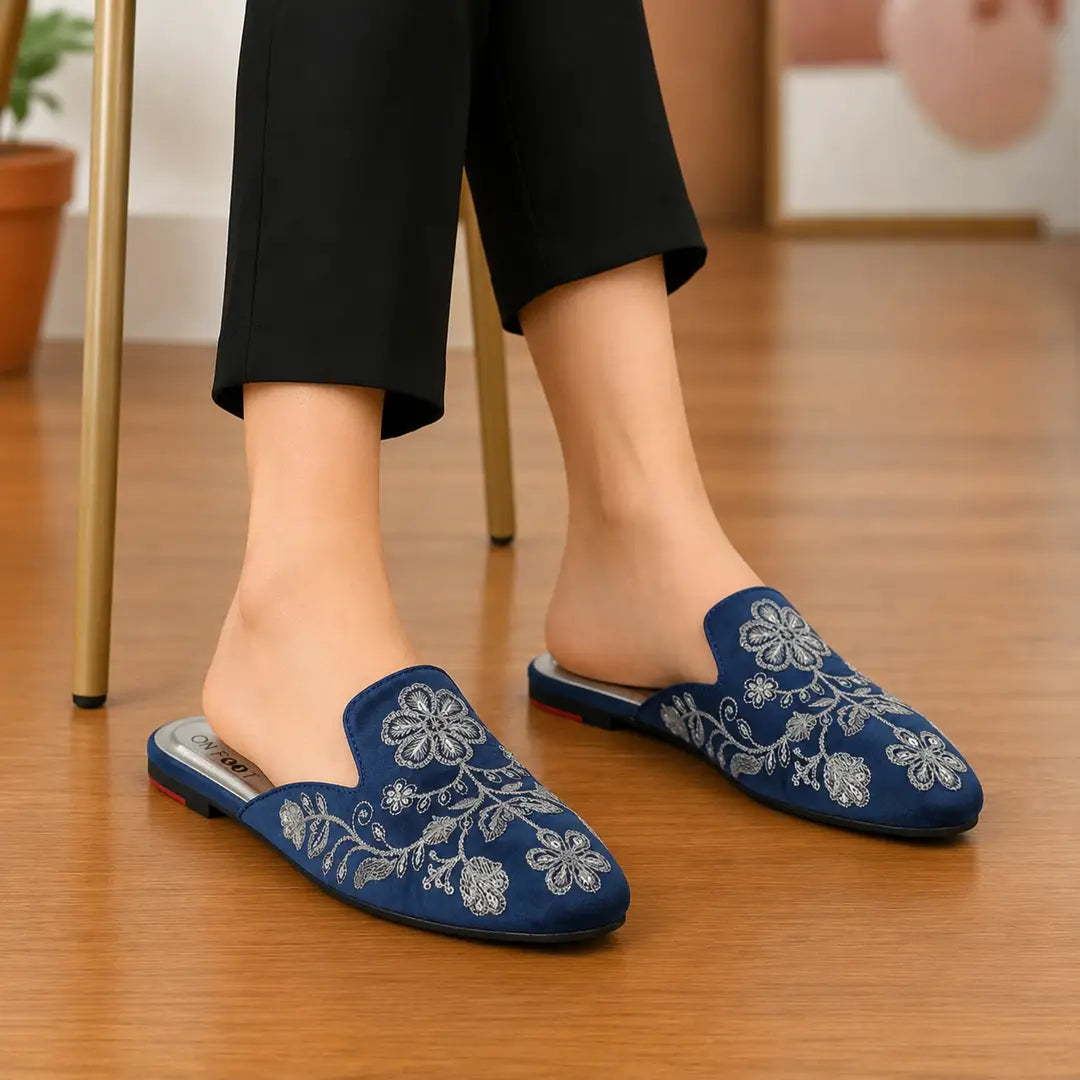 Elegant Floral Embroidered Backless Loafers - 071 - Blue