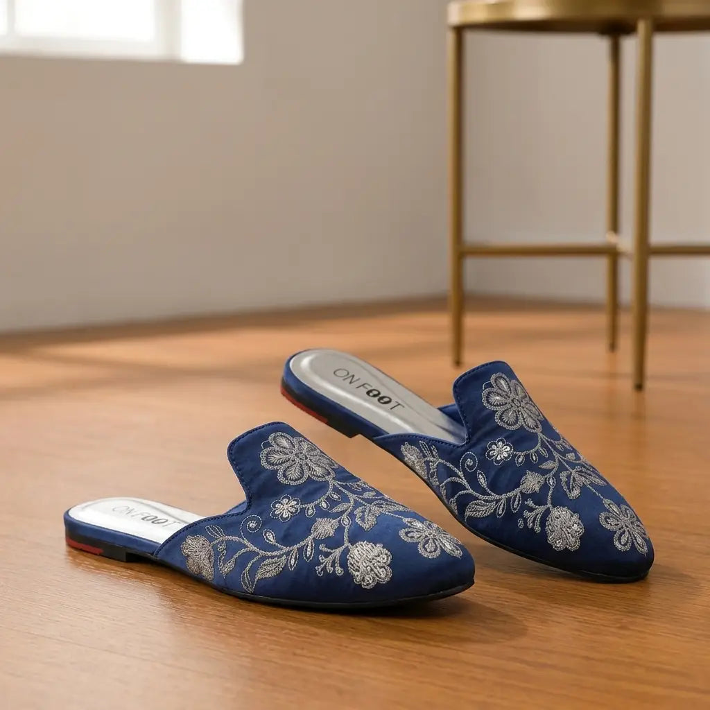 Elegant Floral Embroidered Backless Loafers - 071 - Blue