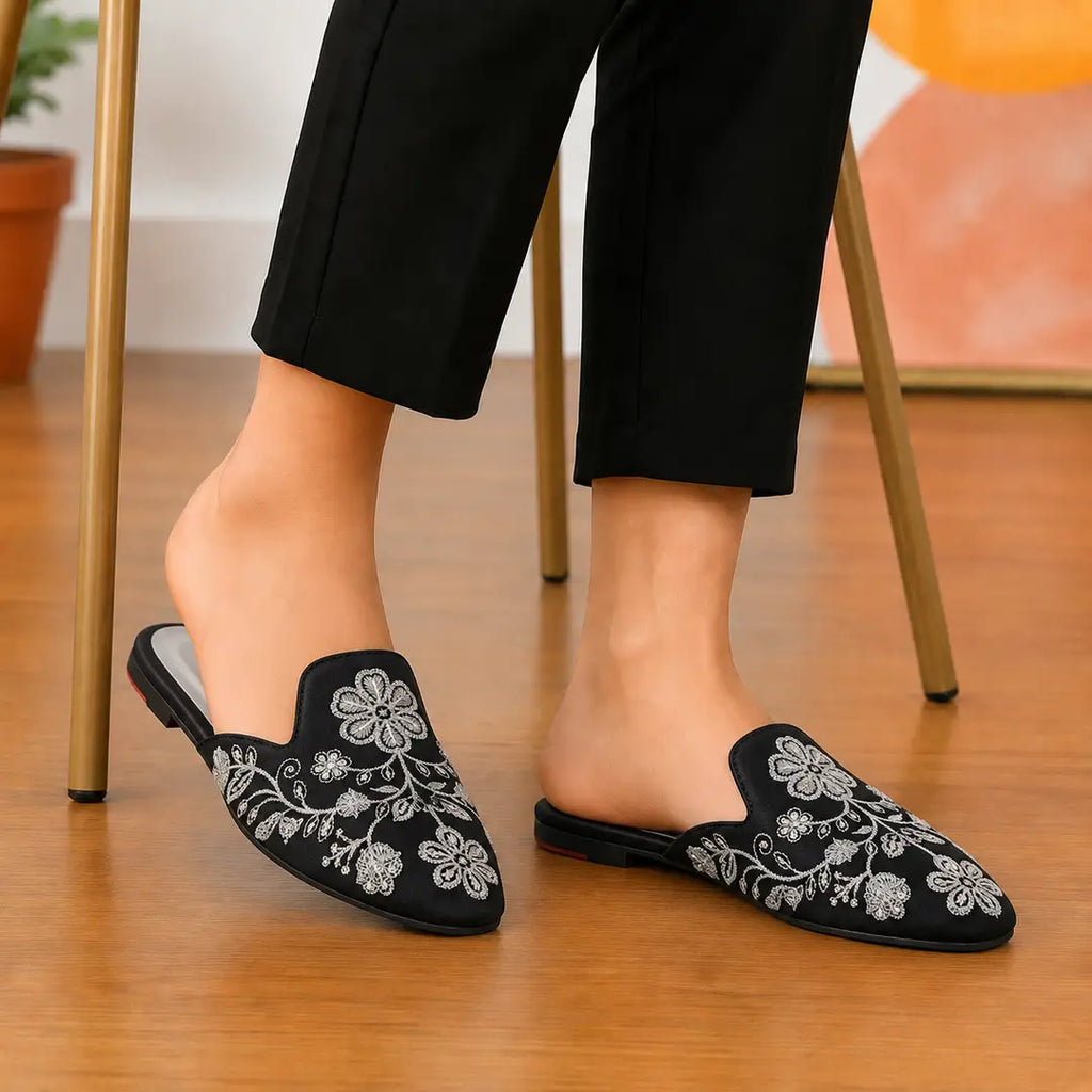 Elegant Floral Embroidered Backless Loafers - 071 - Black