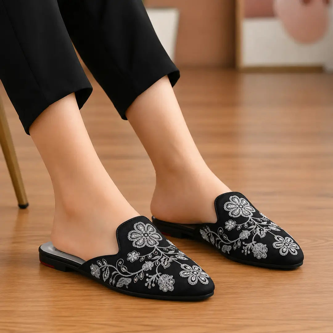 Elegant Floral Embroidered Backless Loafers - 071 - Black