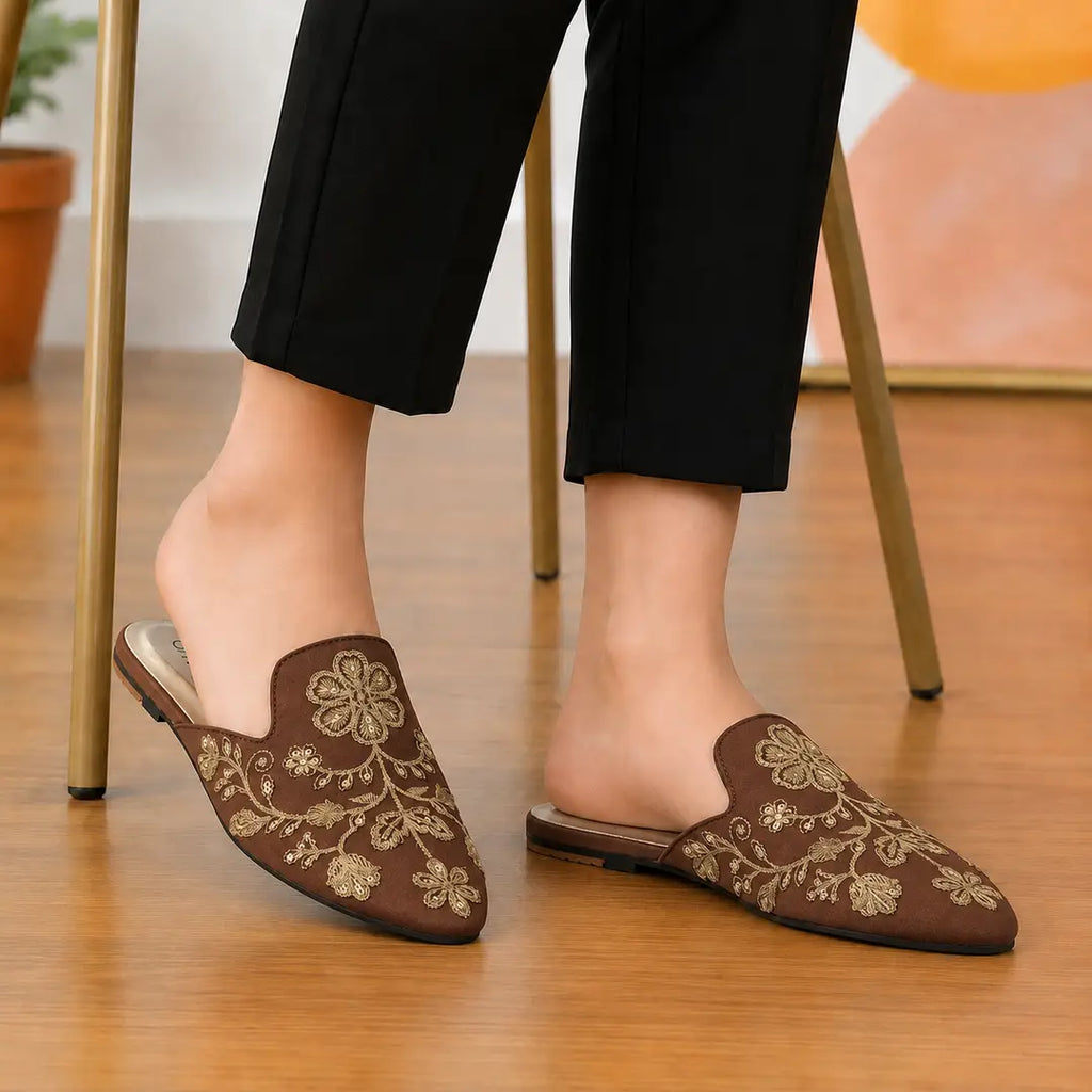 Elegant Floral Embroidered Backless Loafers - 071 - Mustard
