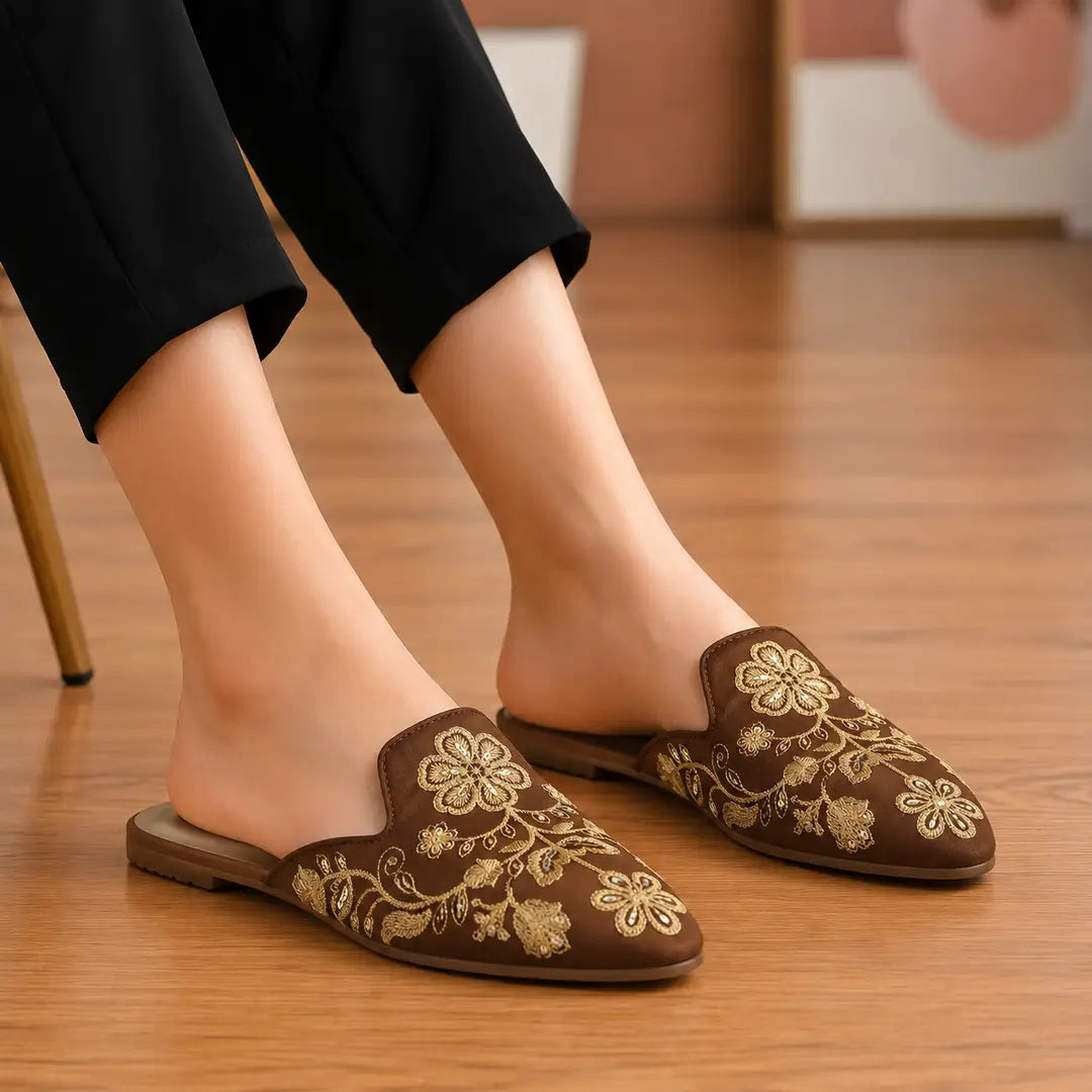 Elegant Floral Embroidered Backless Loafers - 071 - Mustard