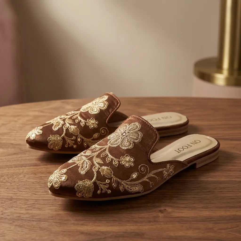 Elegant Floral Embroidered Backless Loafers - 071 - Mustard