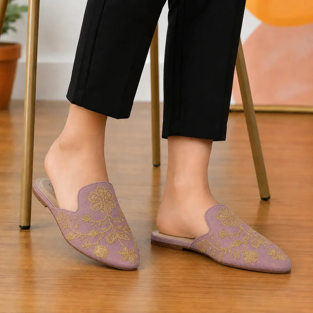 Elegant Floral Embroidered Backless Loafers - 071 - Pink