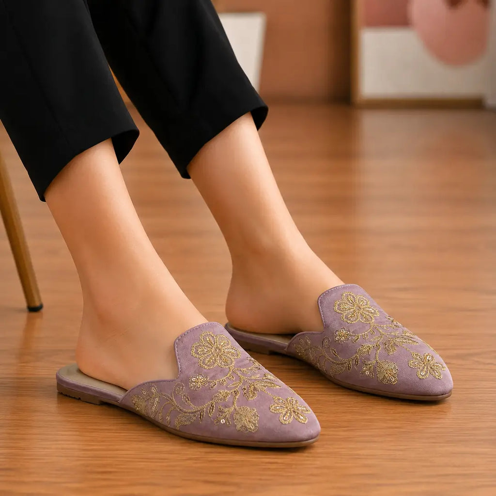 Elegant Floral Embroidered Backless Loafers - 071 - Pink