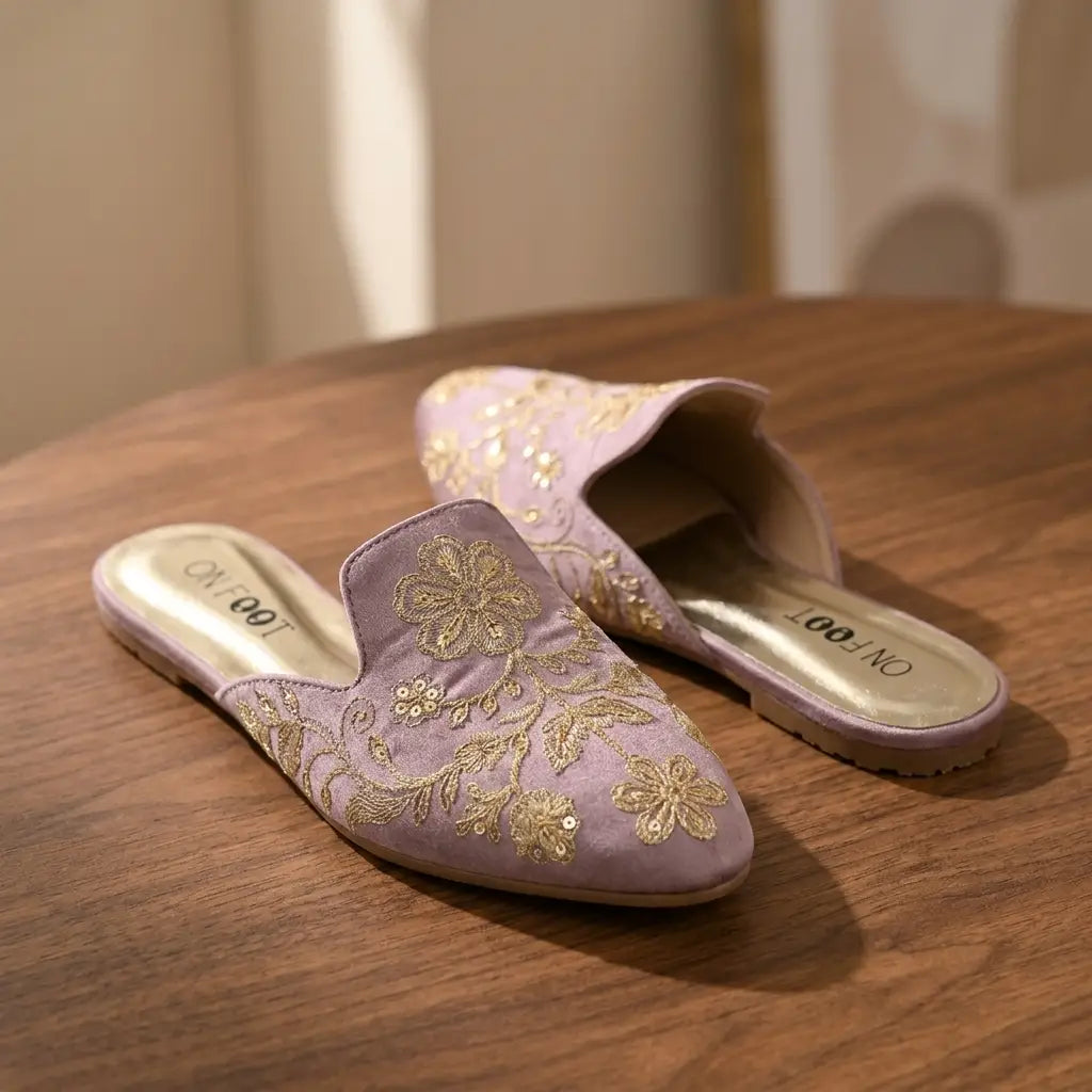 Elegant Floral Embroidered Backless Loafers - 071 - Pink