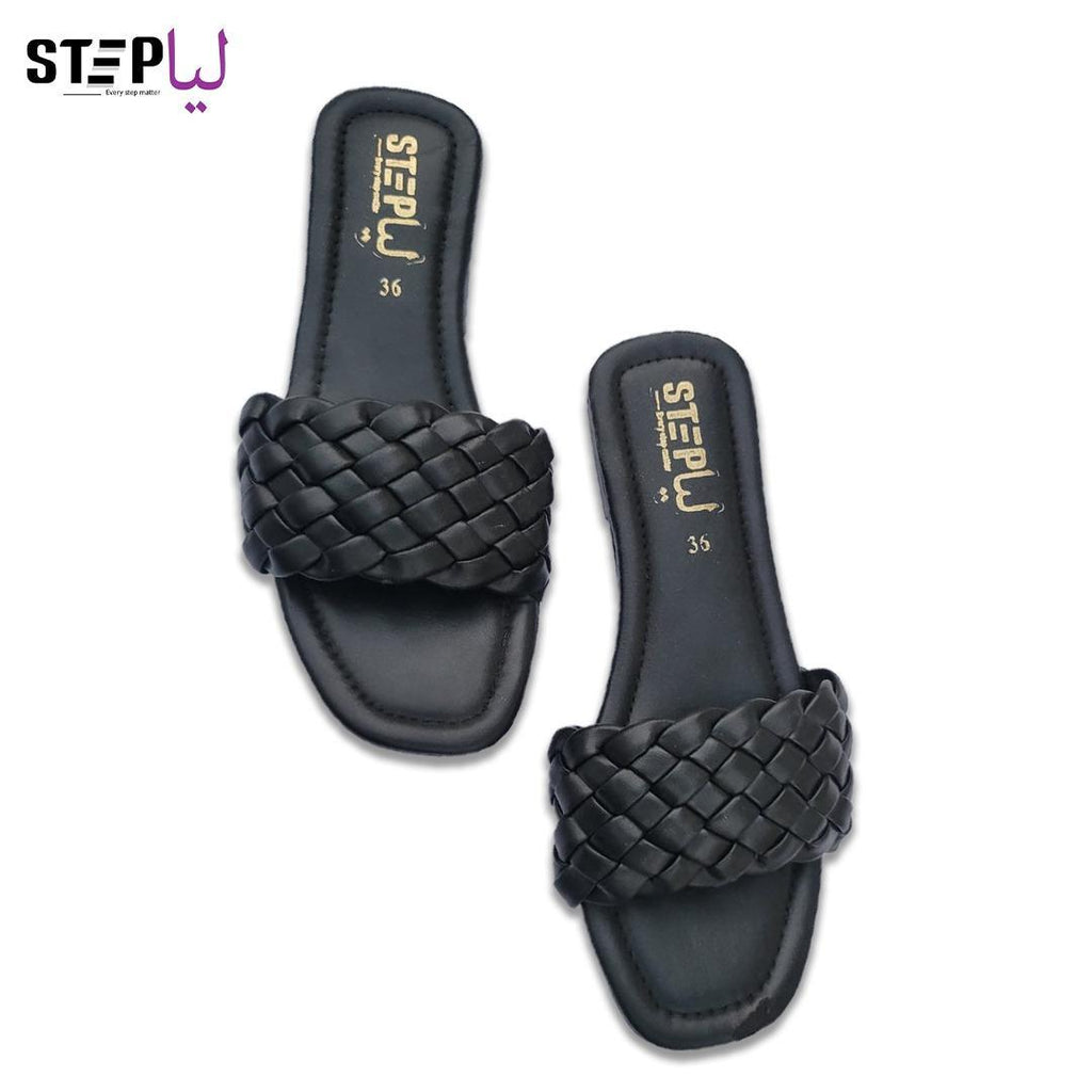 Black Rexine Women's Flat Slides Size 36