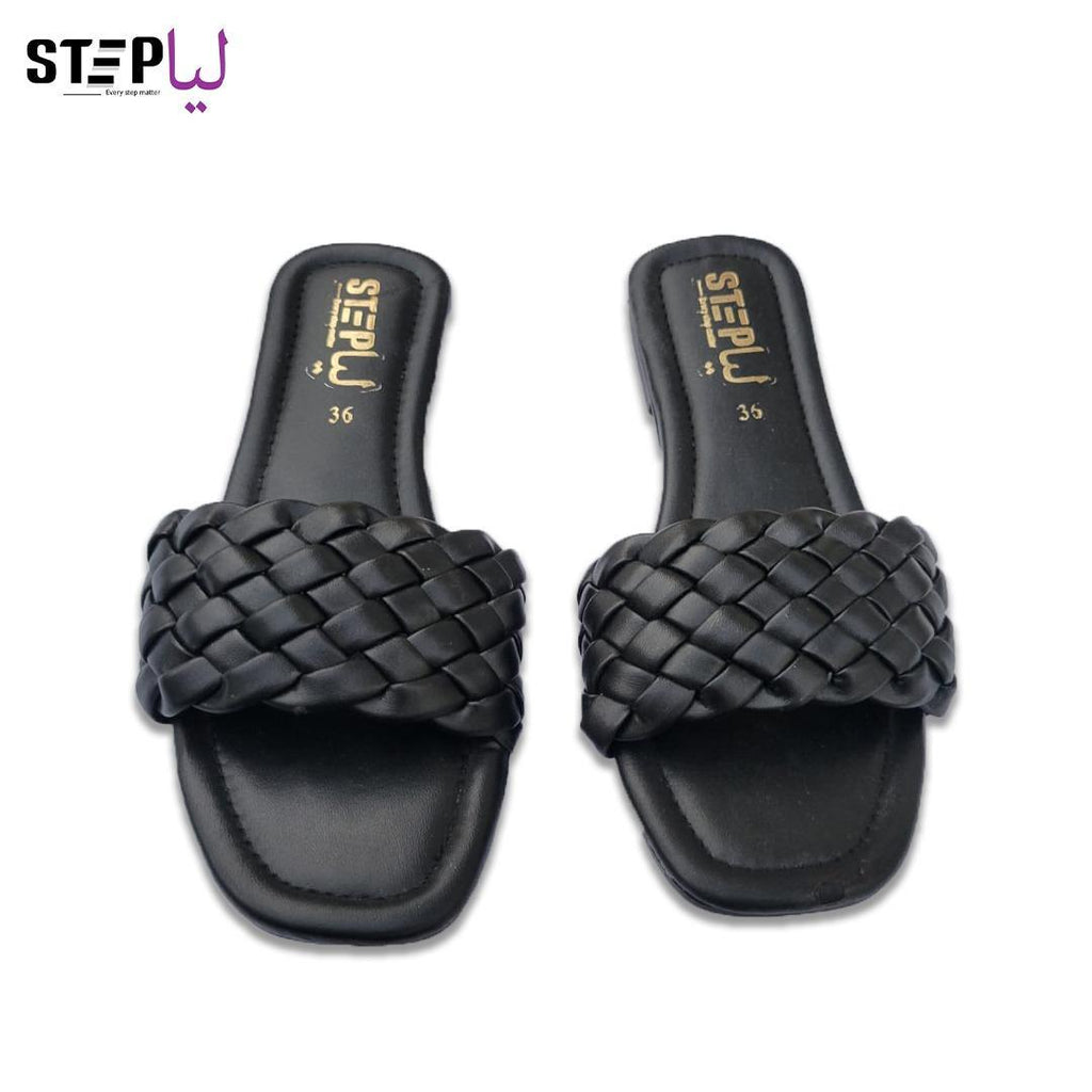Black Rexine Women's Flat Slides Size 36