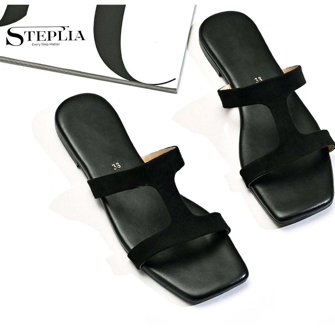 Black Rexine T-Strap Flat Flats Size 6-11