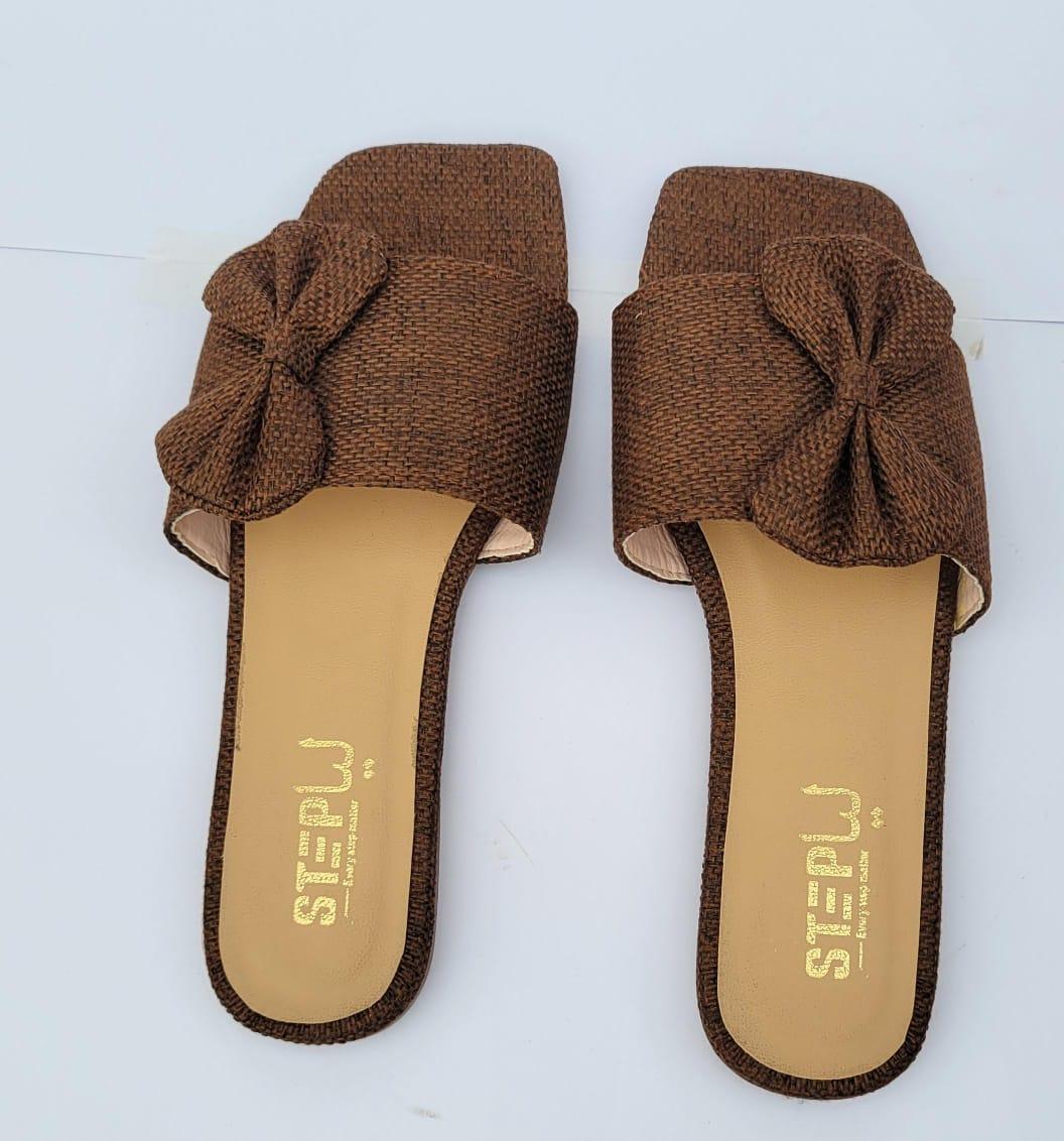 Women's Brown Leather Bow Slides Casual Flats