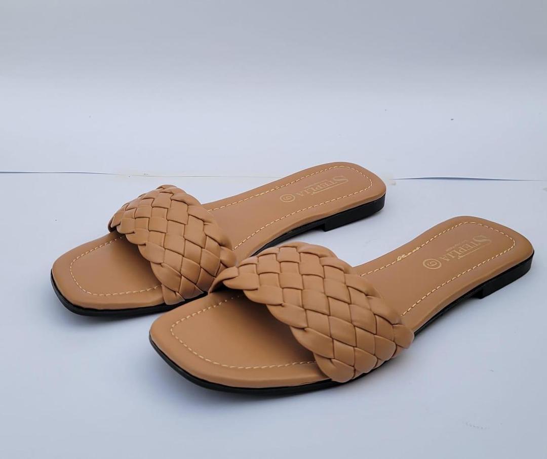 Women's Beige Braided Leather Slides Casual Flat Shoes