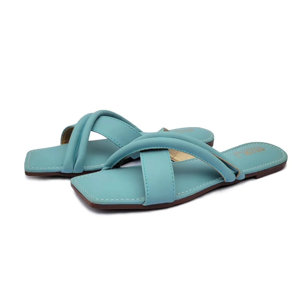 Women's Blue Rexine Cross Strap Flat Sandals
