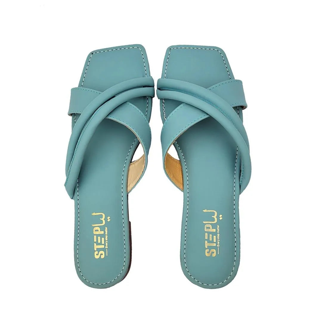 Women's Blue Rexine Cross Strap Flat Sandals
