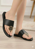 Women's Black Rexine Flat Sandals with Gold Logo