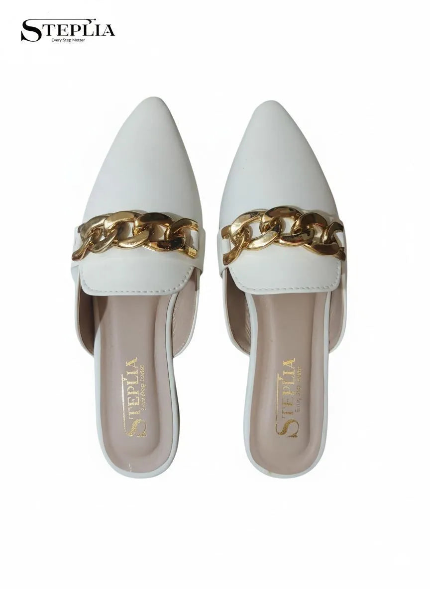 White Pointed Toe Chain Flats Women Formal Shoes