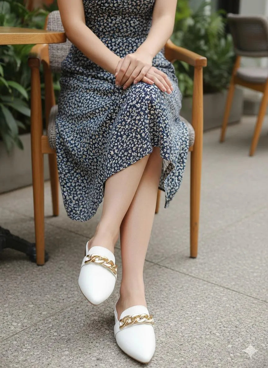 White Pointed Toe Chain Flats Women Formal Shoes