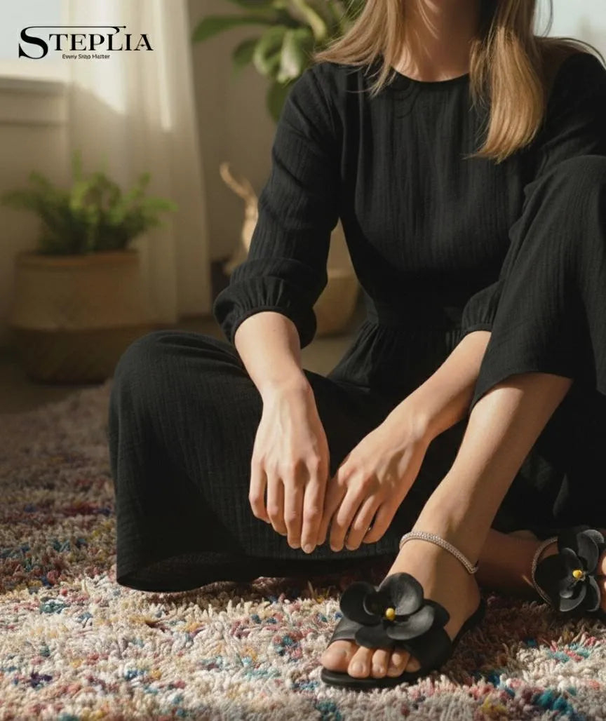 Women's Black Rexine Fancy Slippers Casual Size 6-11