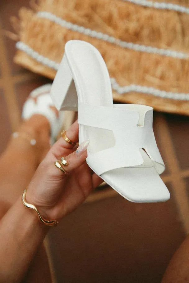 White Chunky Heels for Women, Synthetic Leather, Open Toe, Sizes 6-11