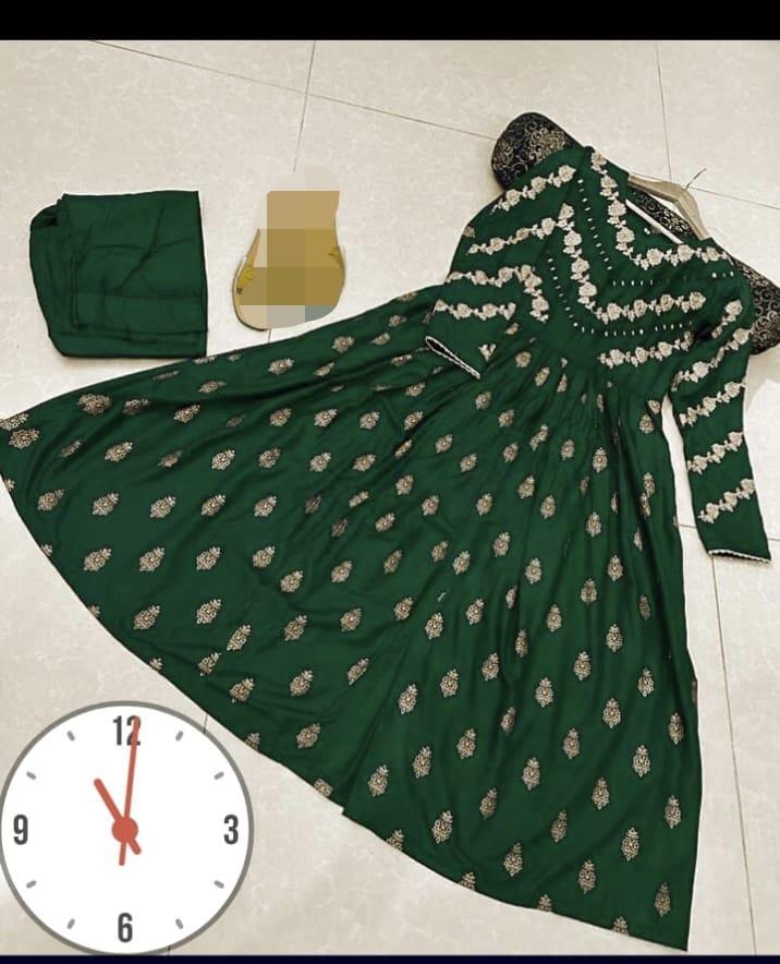 Women's Green Mirror Embroidered Shamoz Silk Maxi Suit