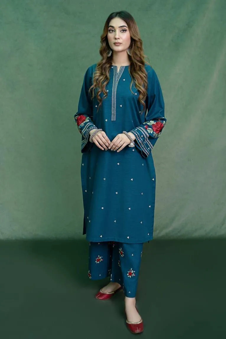 Turquoise Embroidered Dhanak Suit for Women