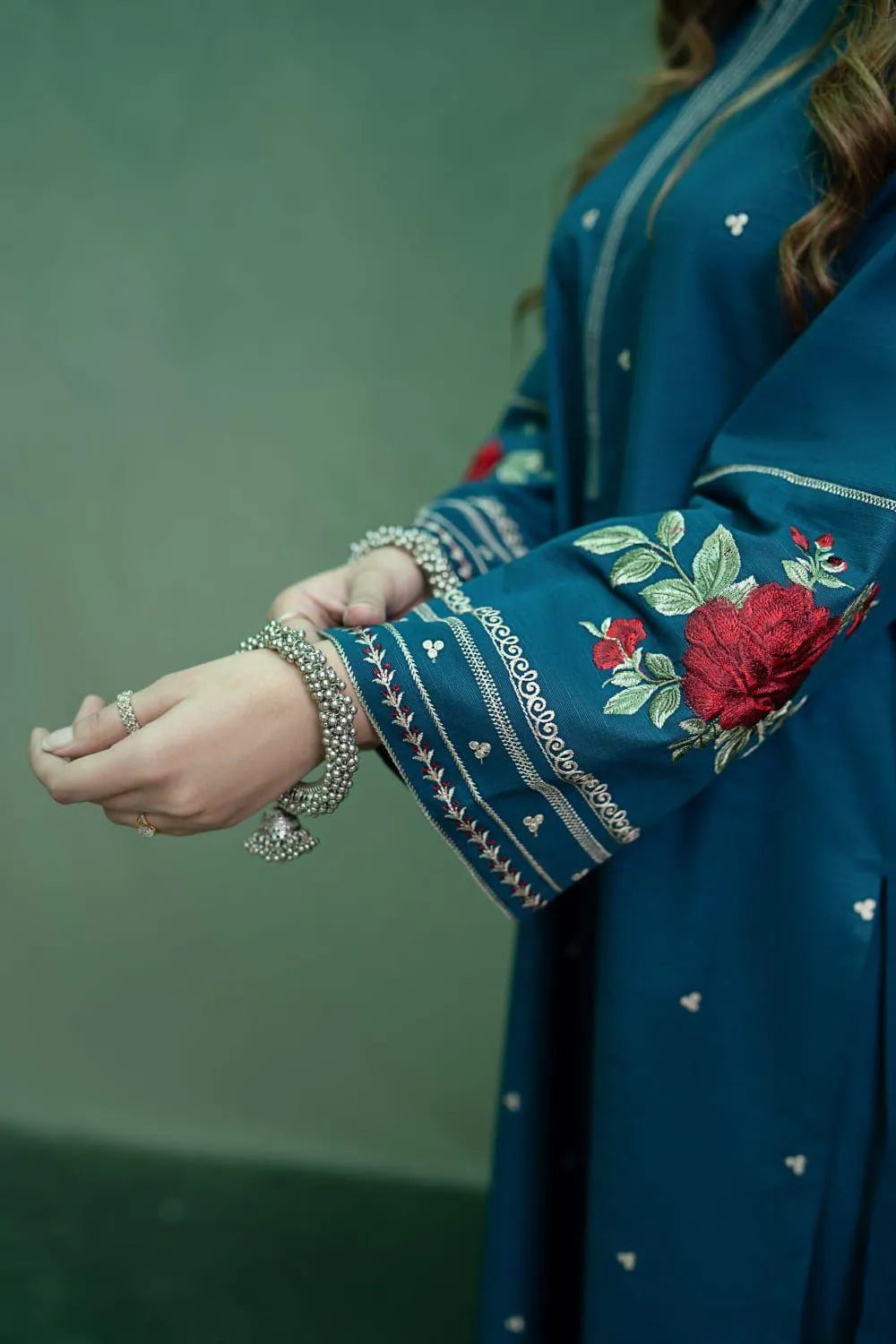 Turquoise Embroidered Dhanak Suit for Women