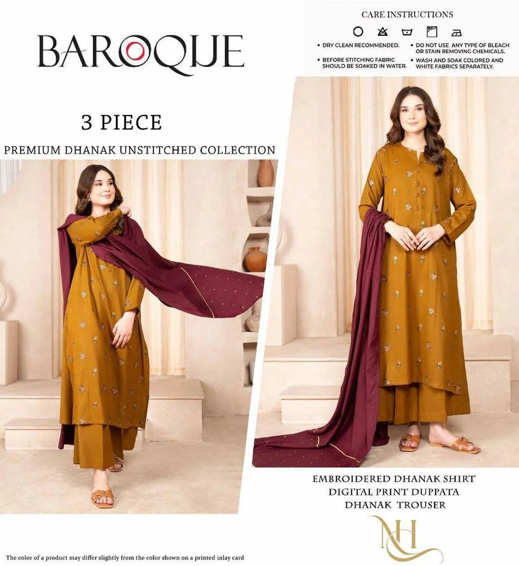 Unstitched 3-Piece Dhanak Suit Mustard Maroon Embroidered