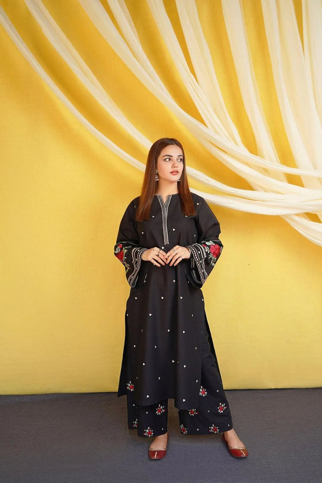 Black Embroidered Dhanak Suit for Women Winter Party Wear