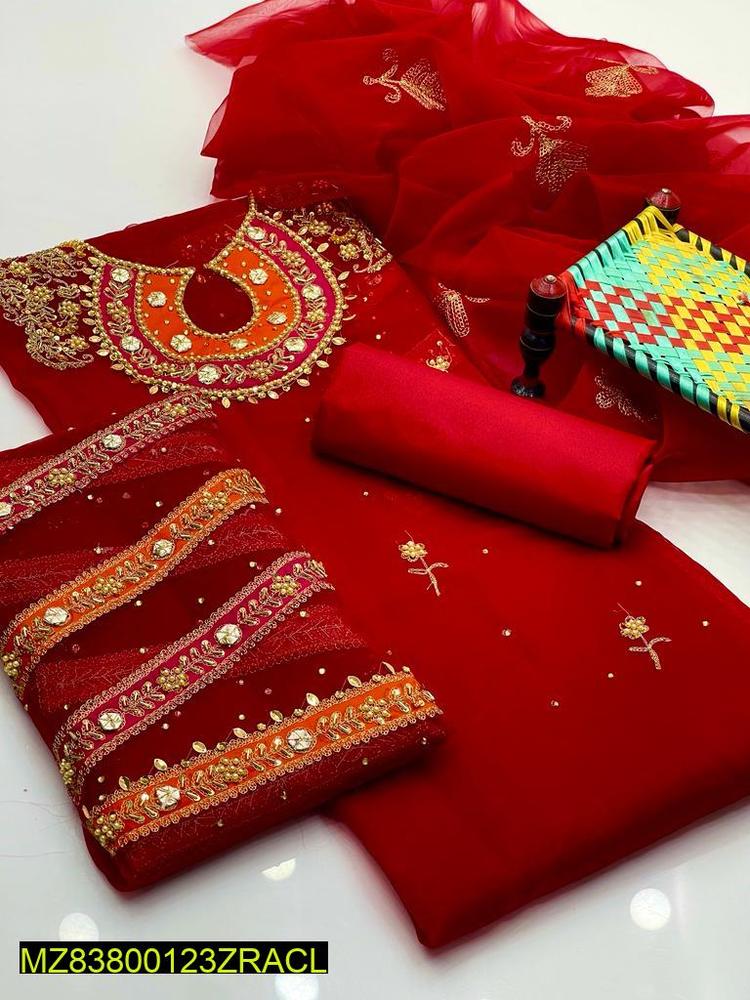 Premium Organza Suit Red Gold Embroidery Wedding Party Wear