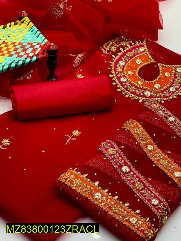 Premium Organza Suit Red Gold Embroidery Wedding Party Wear