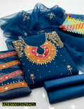 Blue Organza 3-Piece Embroidered Suit for Weddings