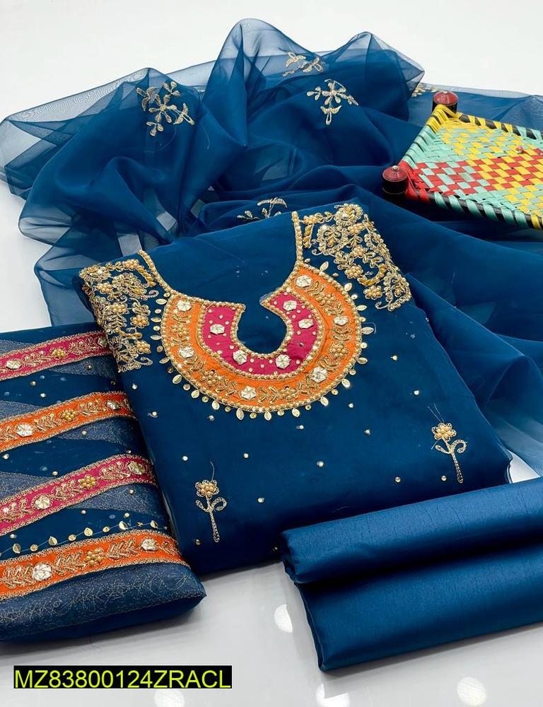 Blue Organza 3-Piece Embroidered Suit for Weddings