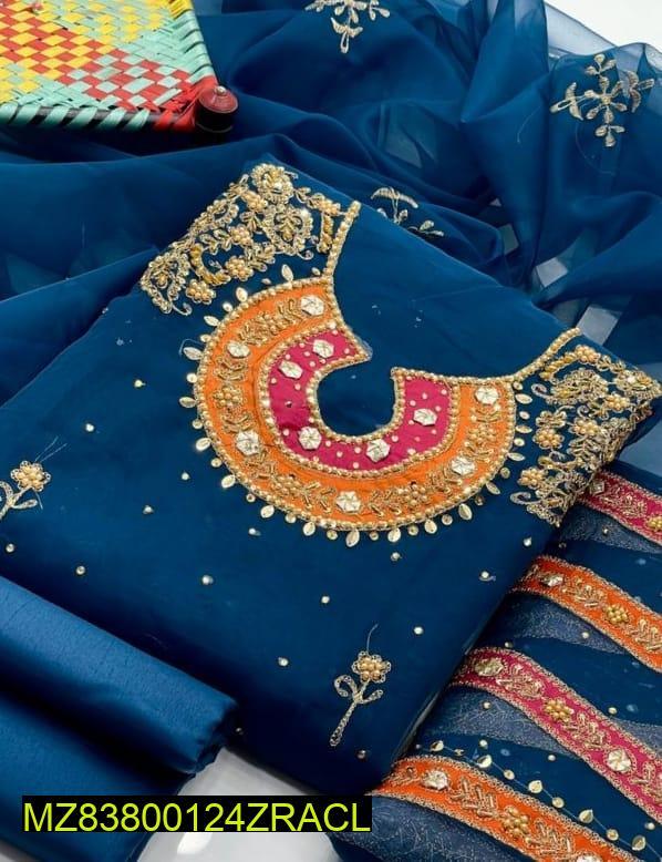 Blue Organza 3-Piece Embroidered Suit for Weddings