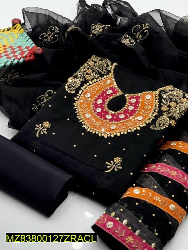 Black Embroidered 3-Piece Wedding Suit with Organza Dupatta