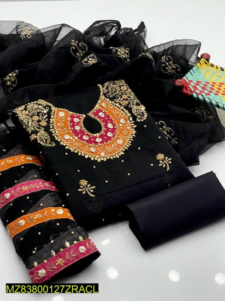 Black Embroidered 3-Piece Wedding Suit with Organza Dupatta