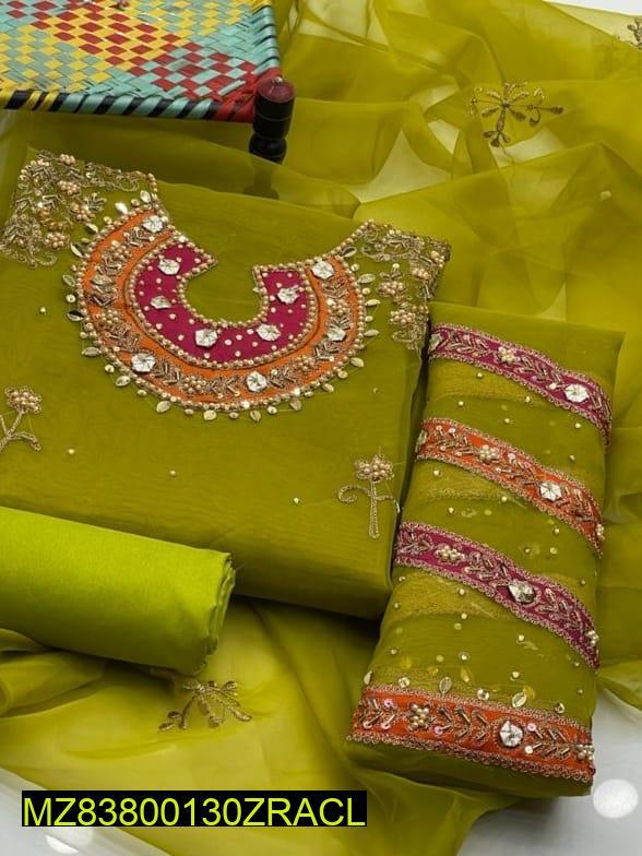 Lime Green Organza 3-Piece Wedding Suit with Embroidery