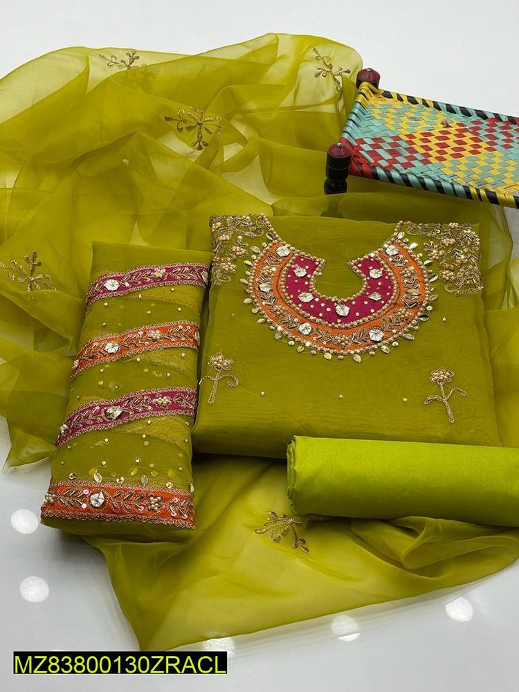 Lime Green Organza 3-Piece Wedding Suit with Embroidery