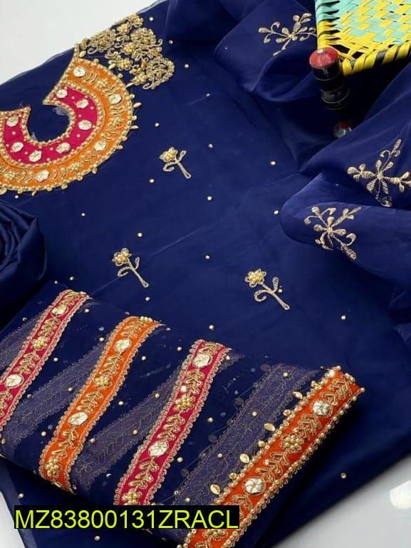 Navy Blue Organza 3-Piece Wedding Suit with Heavy Embroidery