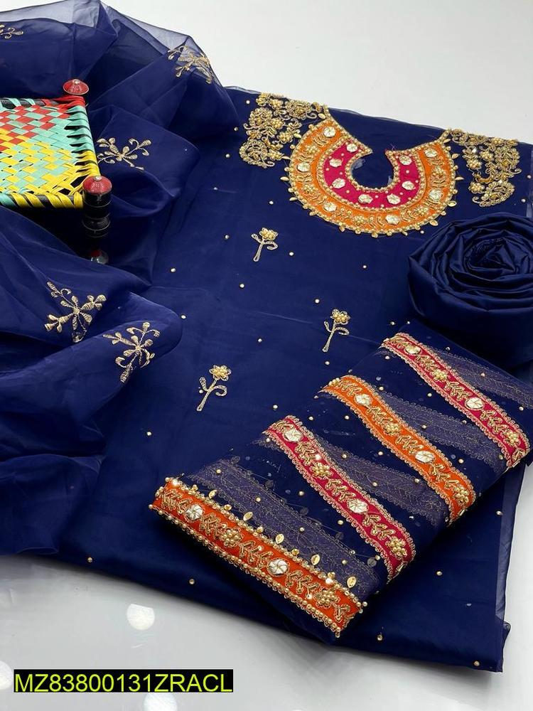 Navy Blue Organza 3-Piece Wedding Suit with Heavy Embroidery