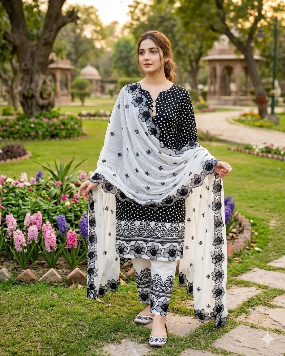 Black Digital Print Lawn Shirt with Embroidered Cotton Trouser & Chiffon Dupatta